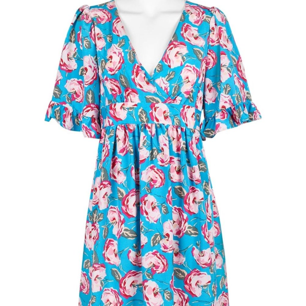 Betsey Johnson FP01W26 - V-Neck Bell Short Sleeved Floral Short Dress Size 6 NWT